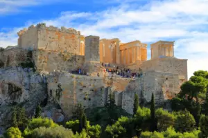 View of the ancient Propylaea gateway on the Acropolis rock as seen from the summit of Areopagus Hill in Athens.