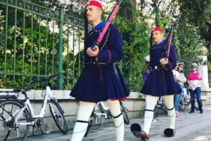 Greek Evzones guards during the traditional change of guards ceremony at the Presidential Mansion in Athens.