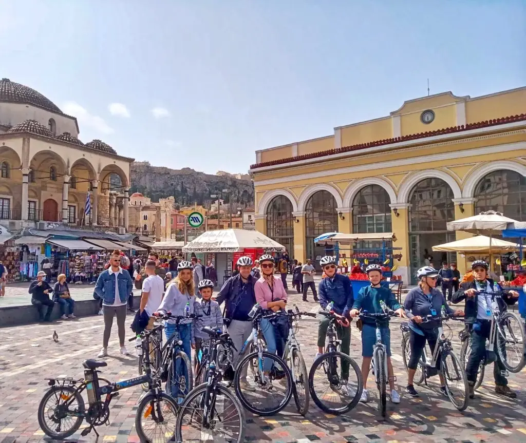 group with eBikes at Monastiraki square, Athens