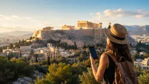 Woman viewing the Acropolis in the morning with an Athens audio tour app