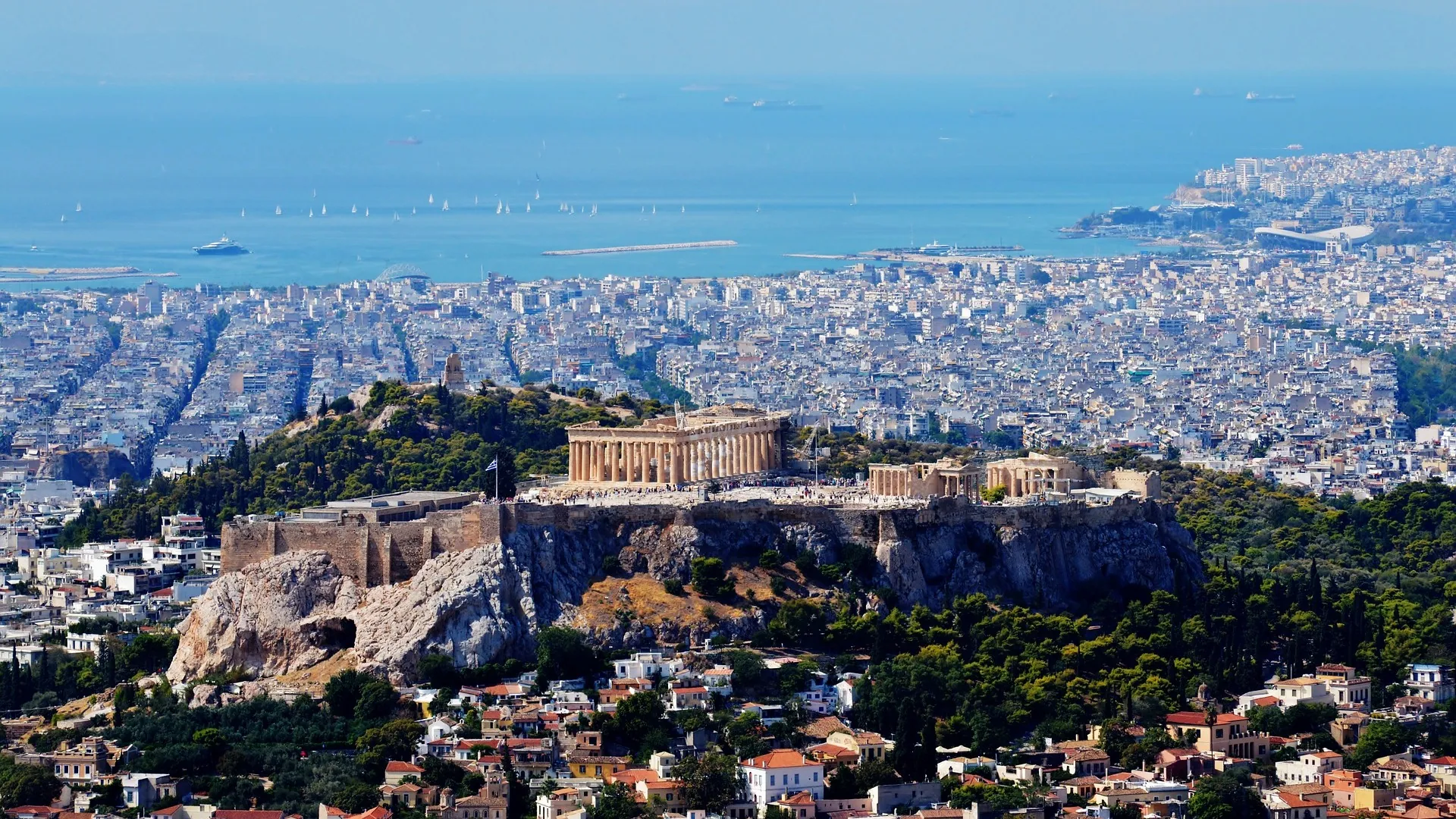 Aerial view of the Acropolis, Athens, and the coast toward Piraeus