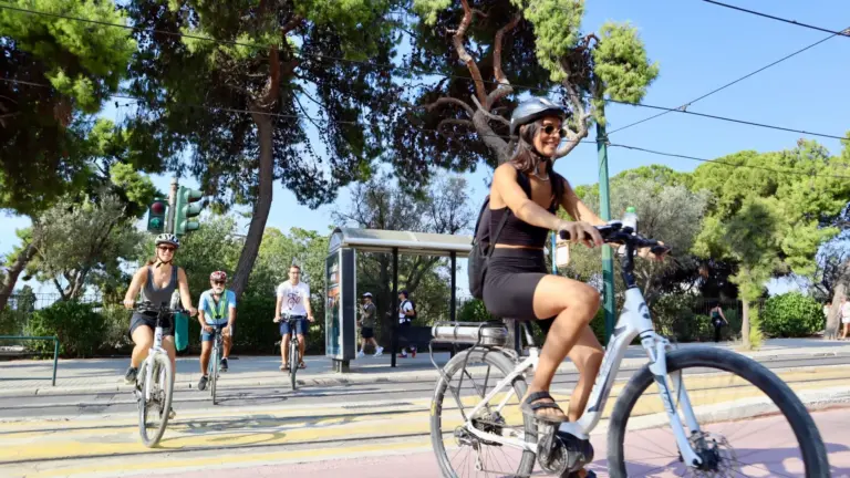 Riders enjoying an Athens eBike tour during one of the best times of day