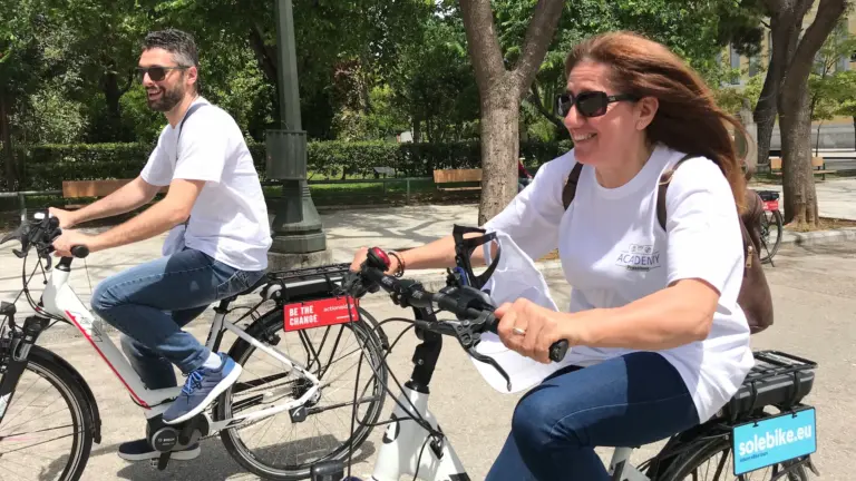 Riders enjoying an Athens eBike tour during a bright and comfortable time of day