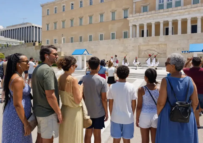 Family watching the changing of the guard at Syntagma with an Athens audio tour app