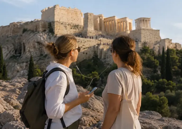 Two female travelers viewing the Acropolis with an Athens audio tour app