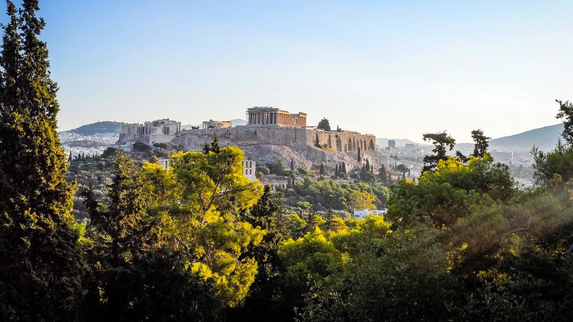 Panoramic view of Acropolis Hill from southwest Athens