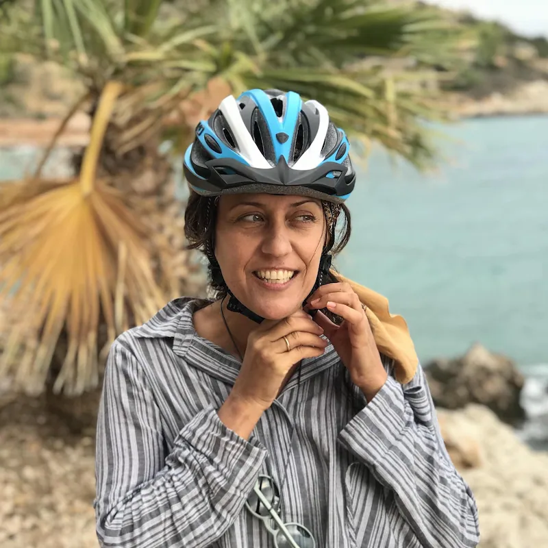 Sofia, Solebike co-founder, wearing a bike helmet