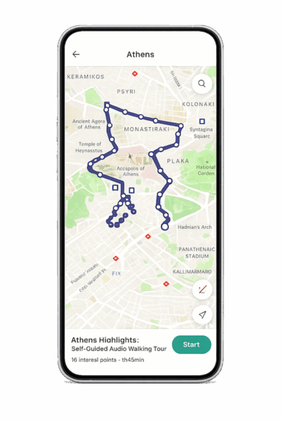 Smartphone mockup of the Solebike self-guided Athens audio tour route