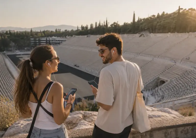 Young couple using an audio tour app while viewing the Panathenaic Stadium in Athens