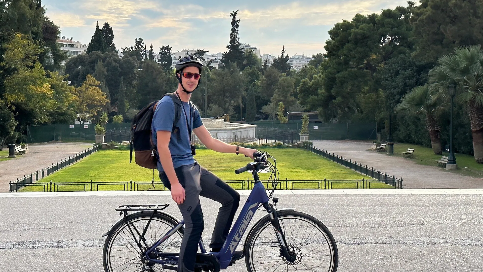 Solo rider on an eBike with Zappeion Garden views in Athens