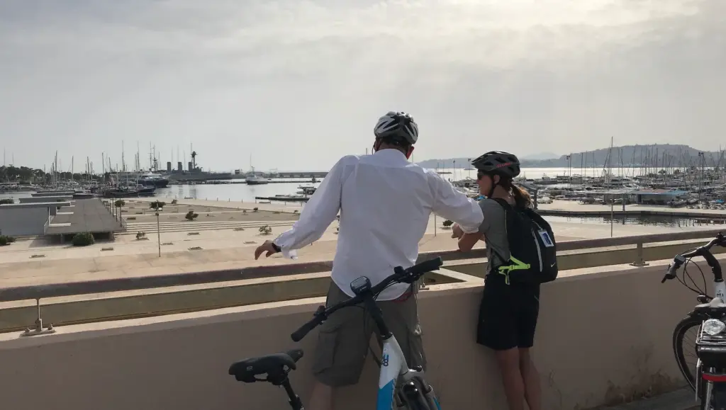 eBike riders overlooking Faliro Bay and the marina during the Athens Riviera Coffee Ride