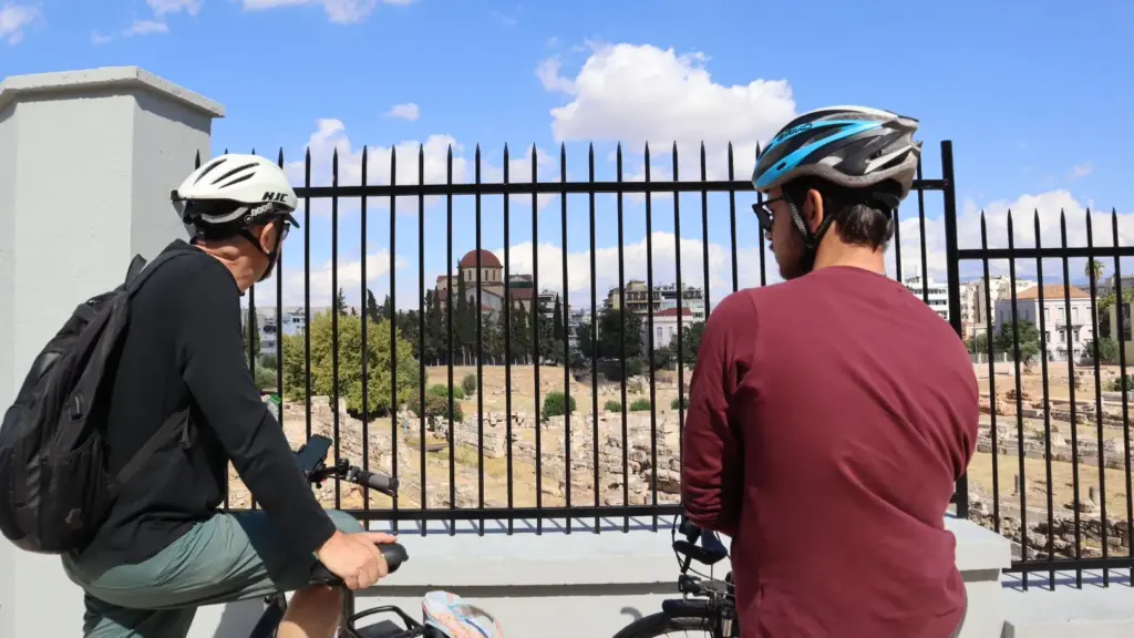 eBike tour guests looking over the Kerameikos archaeological site in Athens