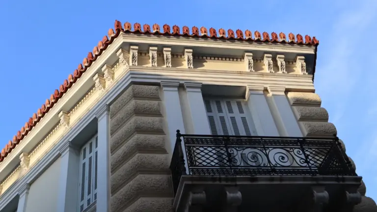 Close-up of neoclassical architecture details on a historic Athens building