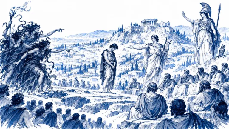 Illustration of the Trial of Orestes on Areopagus Hill, with Athena, Apollo, the Furies, and the Acropolis in the background